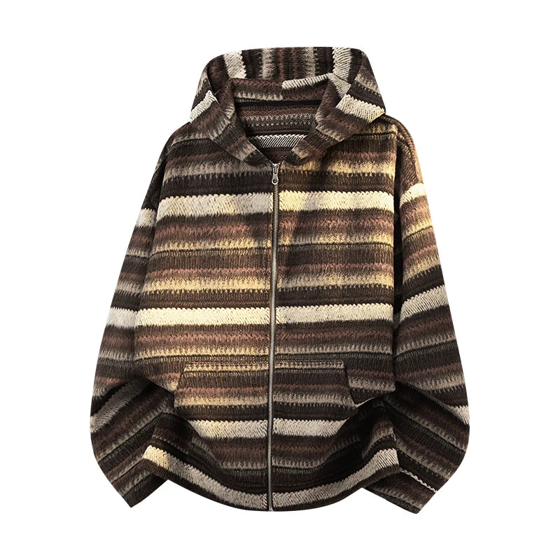 Retro Trend Men's Striped Knit Hooded Cardigan Autumn and Winter Clashing Hooded Jacket Korean Street Couple Hoodie