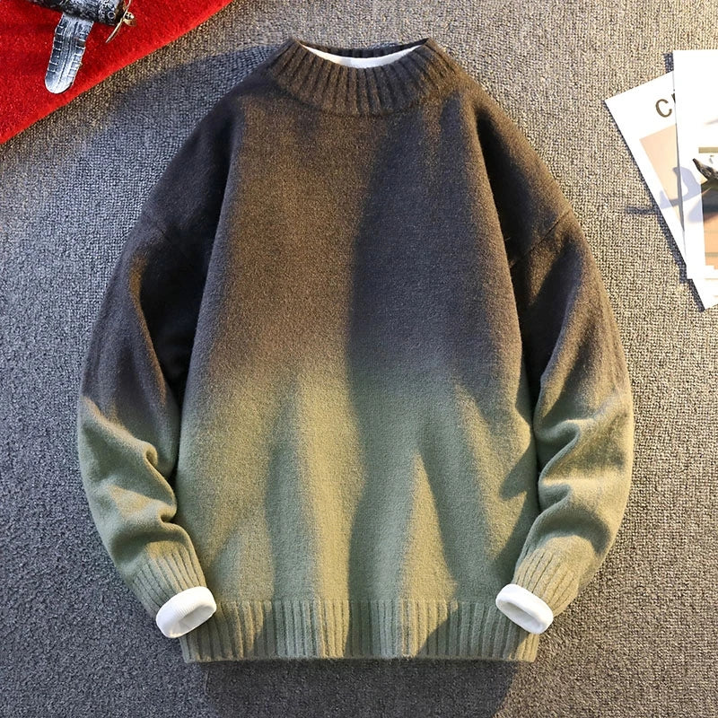 New Autumn Winter Gradient Printing Sweater Men's Crew Neck Long Sleeve Knitwear Harajuku Couple Pullover Tops Warm Knitting