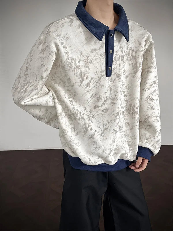 New Men's Casual Long-Sleeve Polo Shirt Color-Block Collar Loose-Fit Versatile Fashion Shirt Velvet Sweatshirt