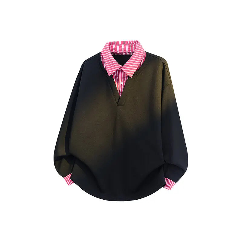 New Versatile Polo Shirt Fake Two Pieces Sweatshirt for Men Streetwear Long Sleeve Sweatshirts Contrast Pullover