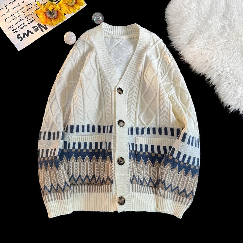 Japan Retro Stitching Rhombic Cardigan Sweater Twist Knit National Wind Couple Sweater Coat Warm V-neck Coat Men's Knitted Coat