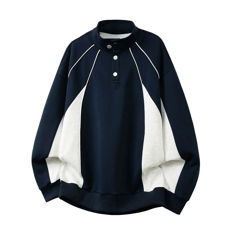 2025 New American Retro Collision POLO Collar Men's Sweatshirts Korean College Style Couples Clothing Autumn Casual Sweatshirt