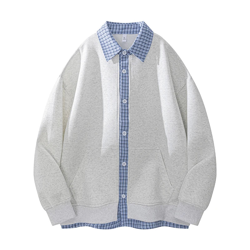 2025 New Couples False Two-piece Cardigan Plaid Collision Design Lapel Sweater Jacket Korean College Style Long-sleeved Tops