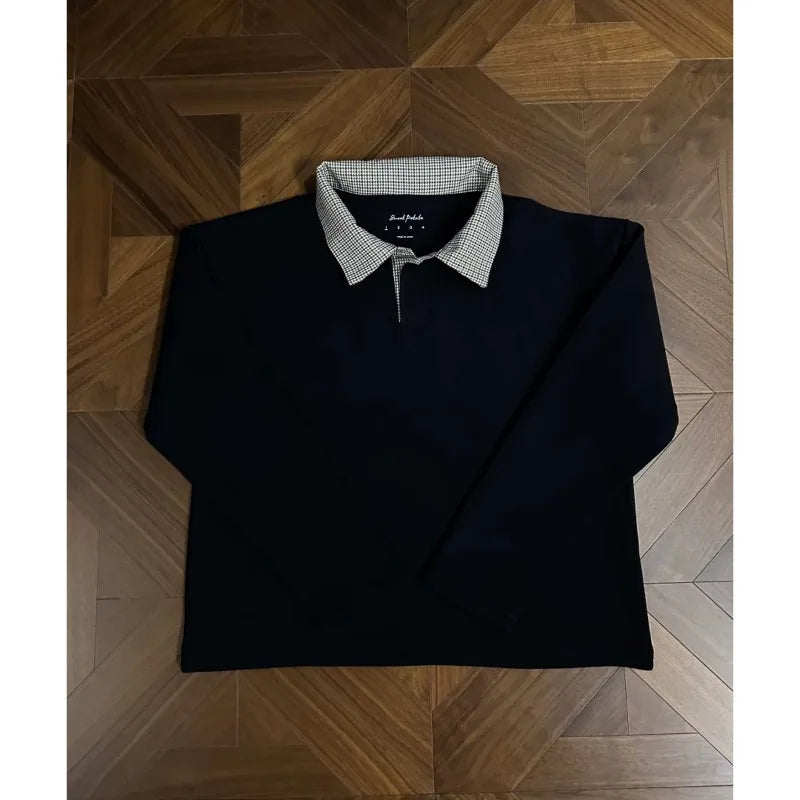 Men's Casual Polo Shirt Long-sleeved Plaid Collar Design Simple Versatile Unisex Sweatshirt Daily Commuting Tide Bottoming Shirt