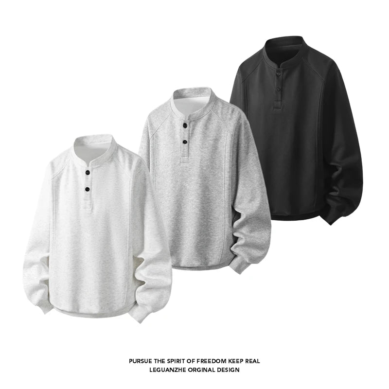 Basic Men's Button Long Sleeve Sweatshirt 2025 Autumn New Classic Solid Colour Casual Loose Sweatshirt Large Size Tops