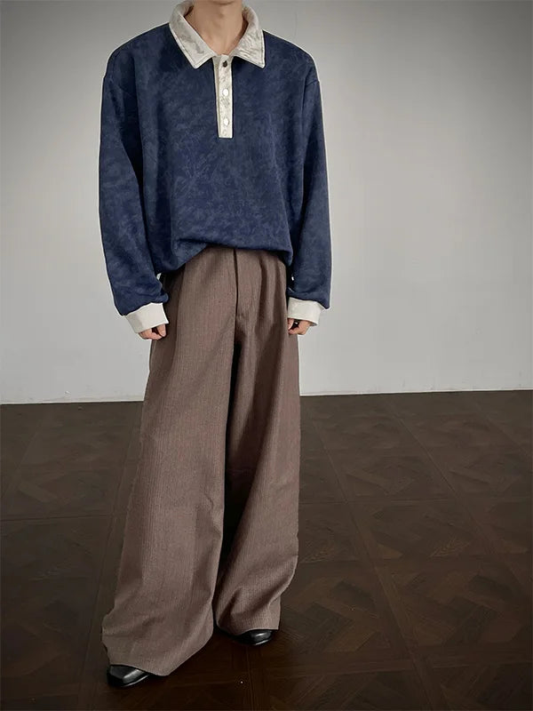 New Men's Casual Long-Sleeve Polo Shirt Color-Block Collar Loose-Fit Versatile Fashion Shirt Velvet Sweatshirt