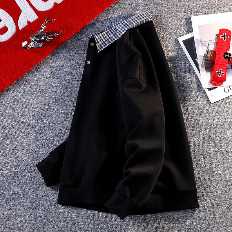 2025 Fall New Arrival Men's Fake Two-Piece Polo Neck Sweatshirt Versatile Casual Long-Sleeve Top Trendy Oversized Sweatshirt