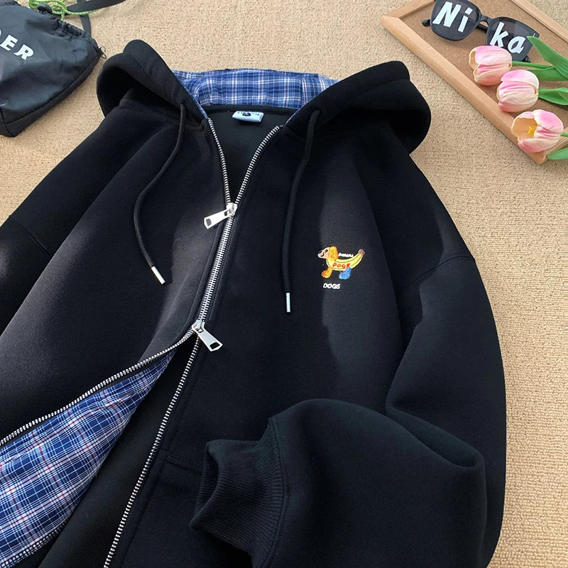 2025 New Cartoon Embroidered Hooded Zipper Jacket Men's Autumn Casual Loose Couples Hoodie Color-block Checkered Hooded Jacket