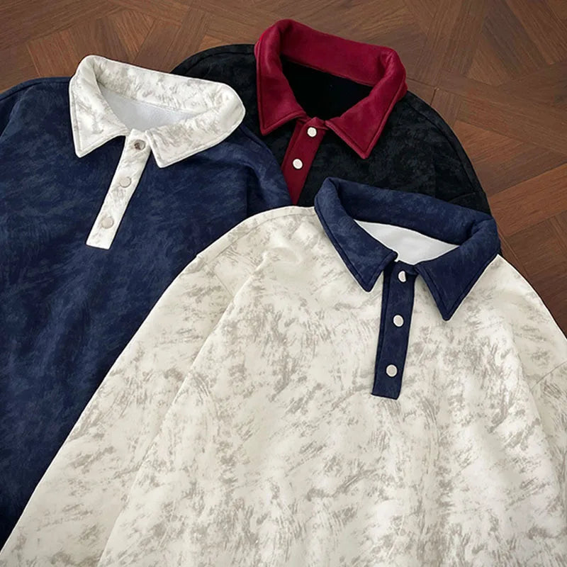 New Men's Casual Long-Sleeve Polo Shirt Color-Block Collar Loose-Fit Versatile Fashion Shirt Velvet Sweatshirt