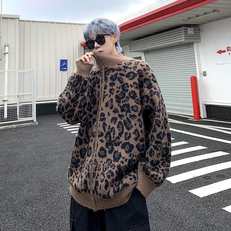 Retro Leopard Knit Cardigan Sweater Men's Jacket Korean Streetwear Popular Zipper Long Sleeve Knitwear Unisex Outwear