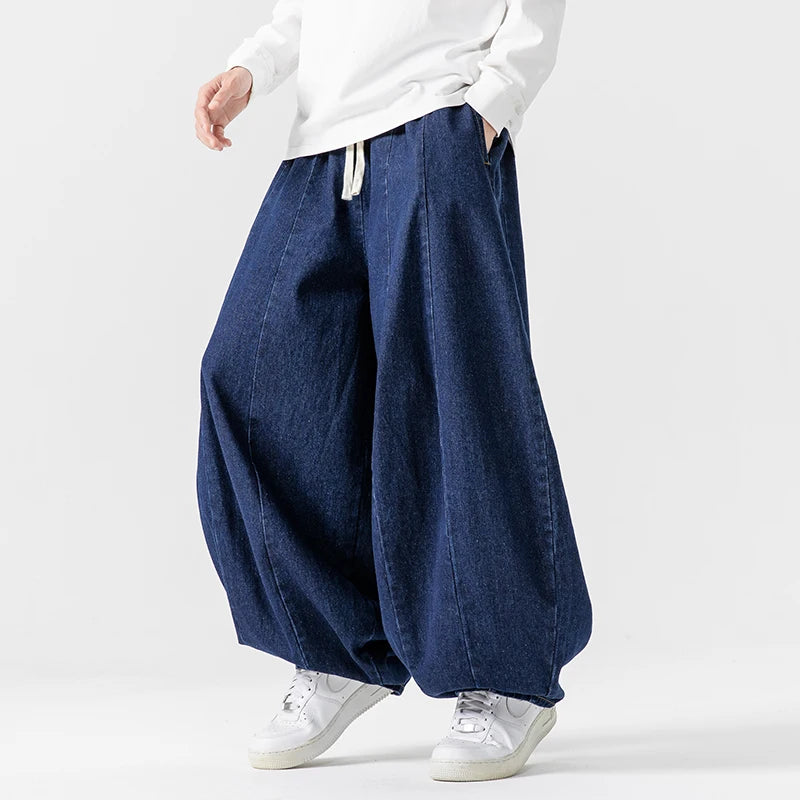 Mens Hip Hop Lantern Pants Baggy Denim Wide Leg Trousers Classic Solid Jean Pants Japanese Style Jeans Oversize Baggy Trousers