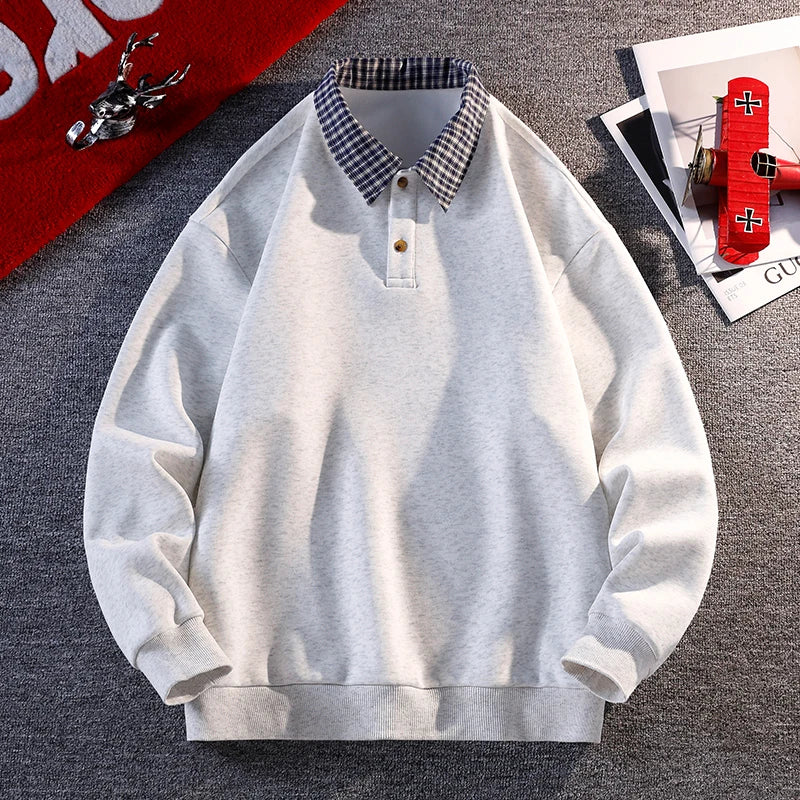 2025 Fall New Arrival Men's Fake Two-Piece Polo Neck Sweatshirt Versatile Casual Long-Sleeve Top Trendy Oversized Sweatshirt