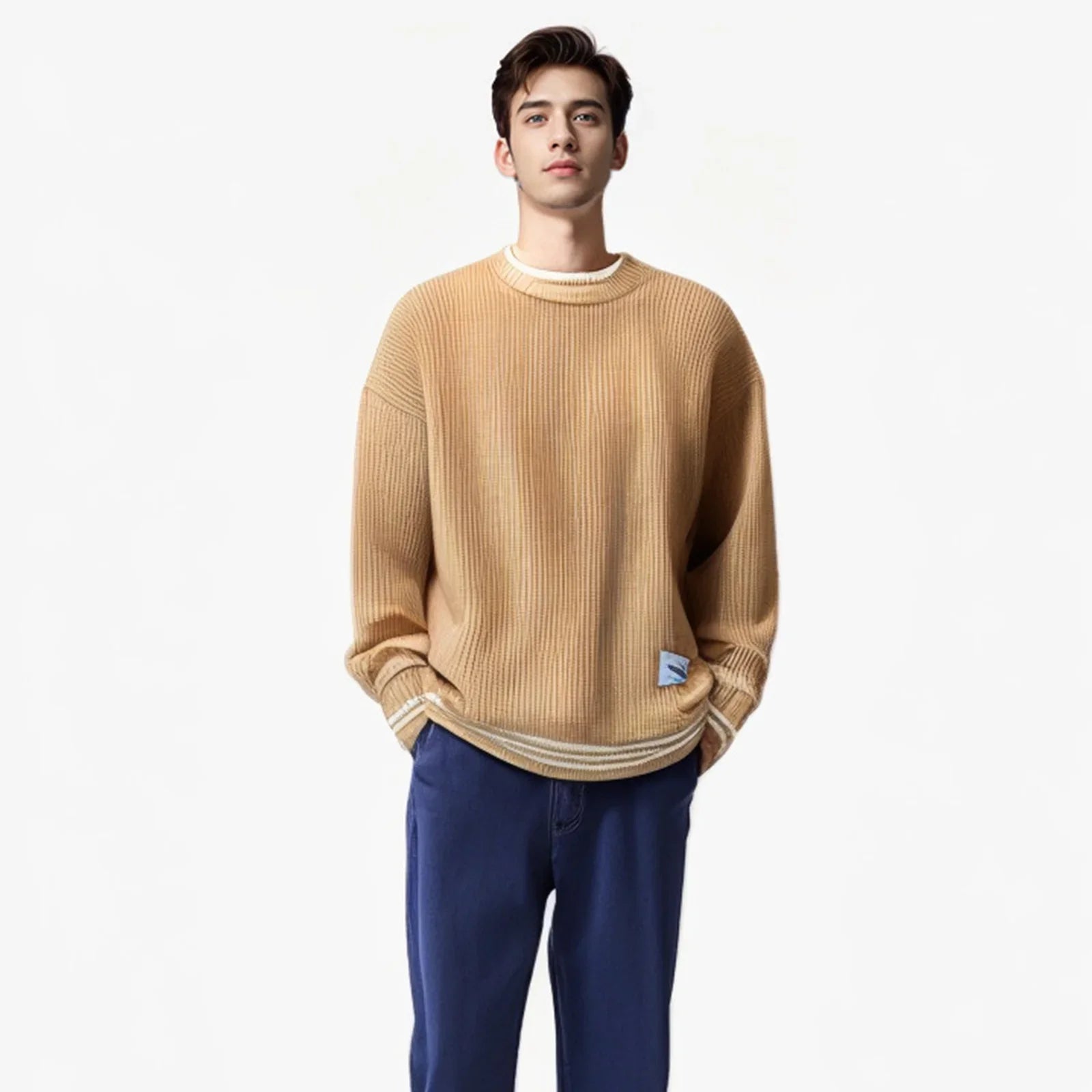 Men Retro Color Collision Twist Sweater Loose Fit Round Neck Knit Jumper Pullover Autumn Winter Casual 4 Colors Knitted Sweaters