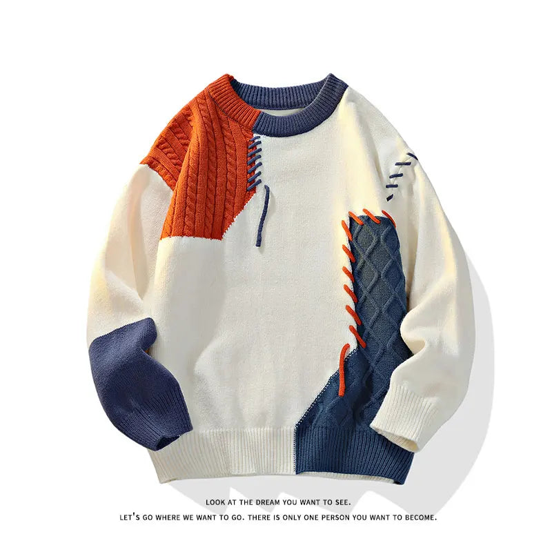 Fall Winter Warm Men Sweaters Korean Style Patchwork Pullovers Round Neck Knitted Sweater Men Women Fashion Knitwear