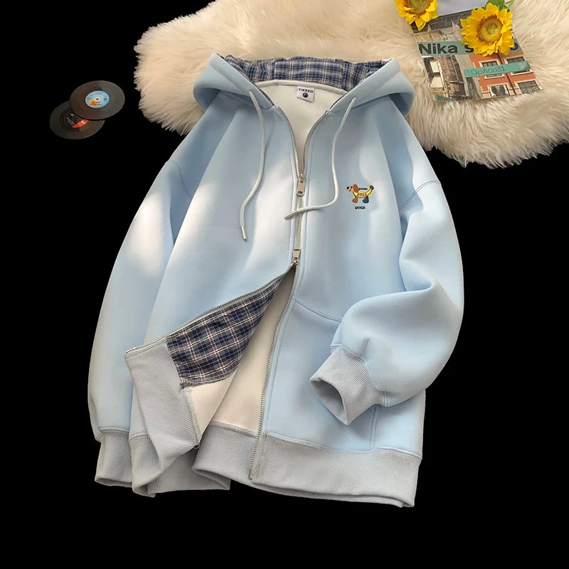 2025 New Cartoon Embroidered Hooded Zipper Jacket Men's Autumn Casual Loose Couples Hoodie Color-block Checkered Hooded Jacket