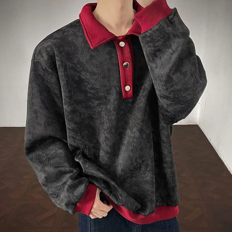 New Men's Casual Long-Sleeve Polo Shirt Color-Block Collar Loose-Fit Versatile Fashion Shirt Velvet Sweatshirt