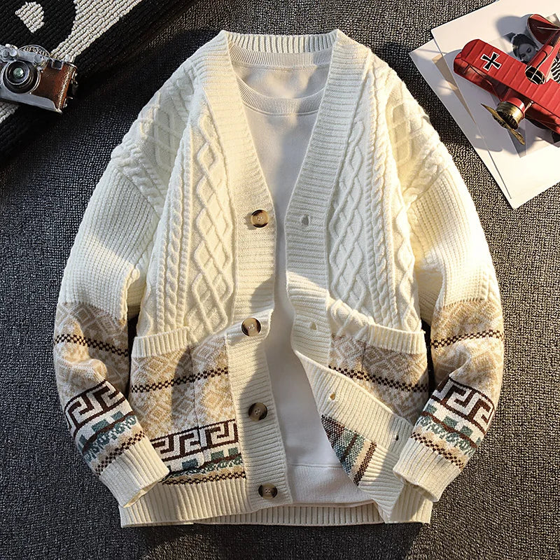 Ethnic Jacquard Knit Cardigan Japanese Retro Casual Versatile Sweater Loose-Fit Sweater Jacket Couple Knitwear