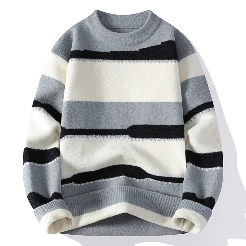 New Clashing Stripes Pullover Knit Sweater Fall Winter Warm Bottom Knit Round Neck Top Casual Unisex Sweater