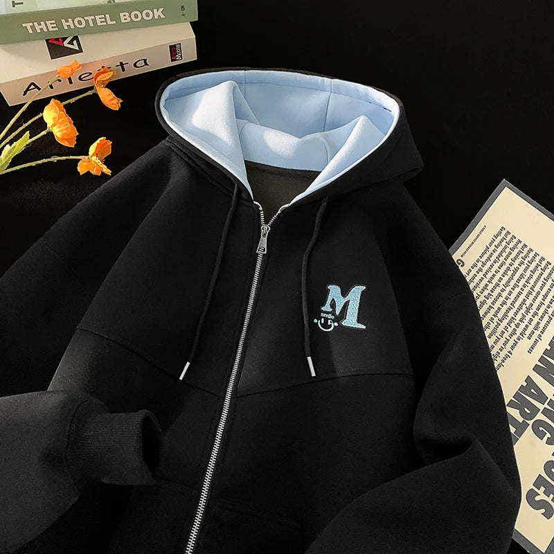 2025 Fall New American Retro Zipper Hooded Sweater Letters Embroidery Splicing Padded Jacket Oversize Street Style Trend Tops