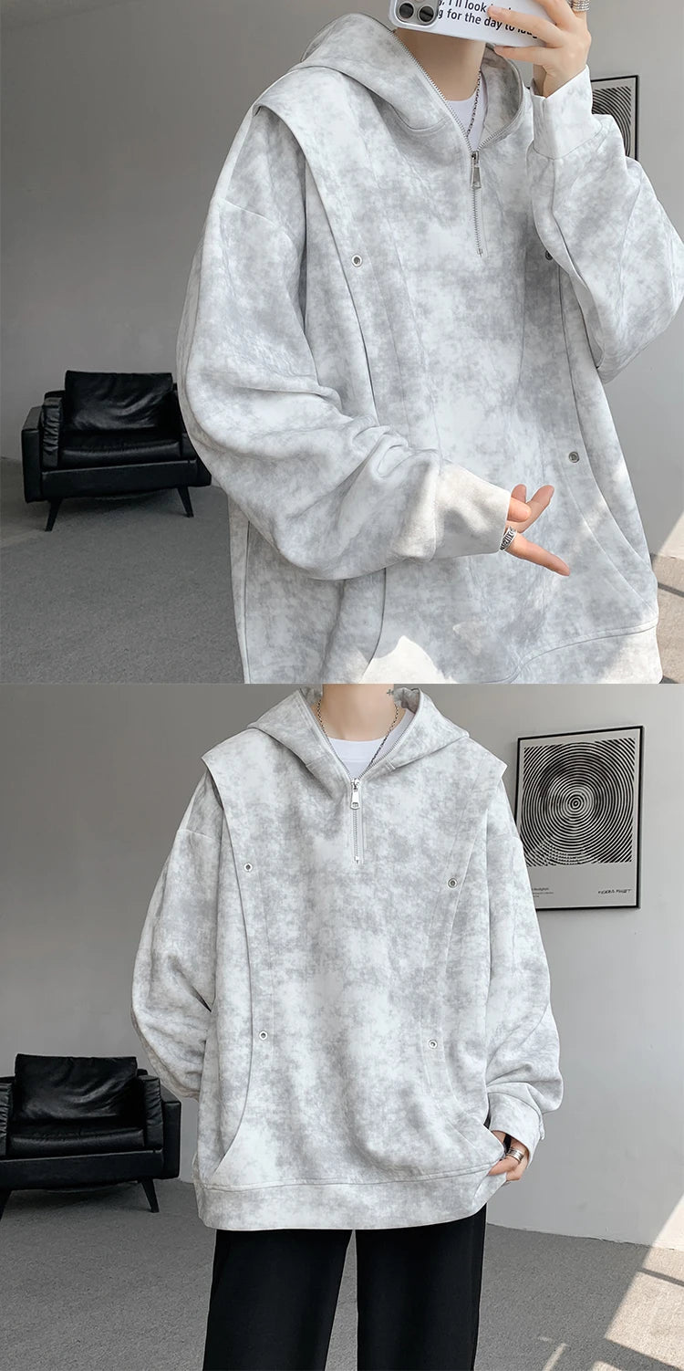 2025 New Men's Hooded Sweatshirt Zip Standing Collar Metal Rivet Design Hoodie Tie-Dye Gradient Oversize Street Hoodies