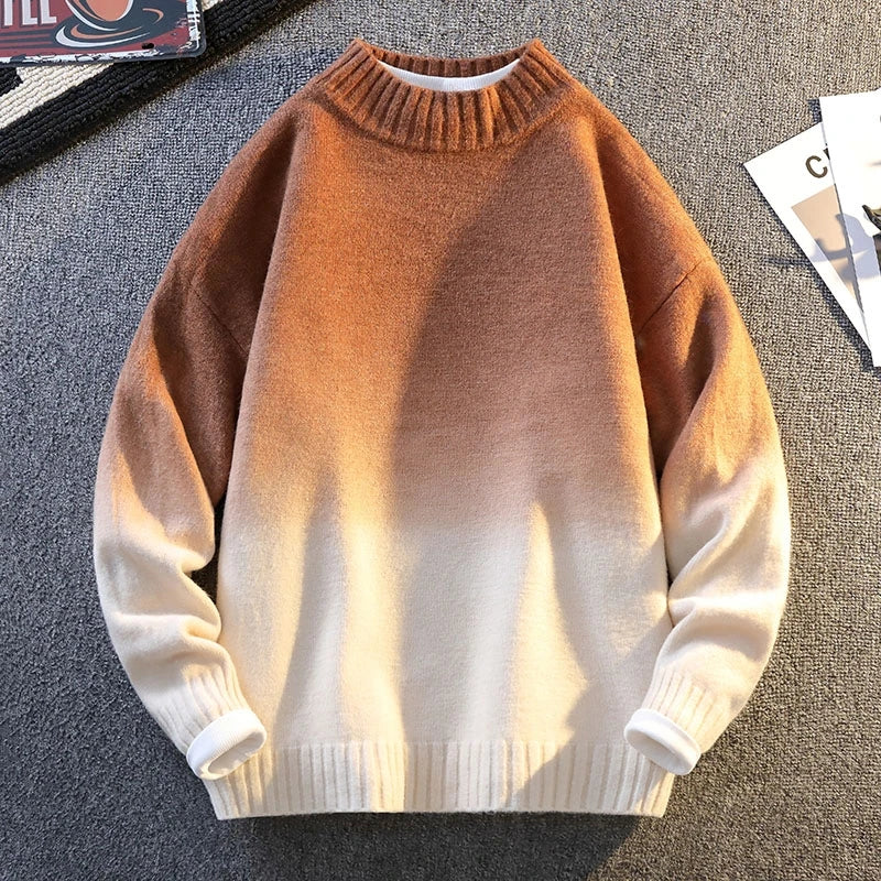 New Autumn Winter Gradient Printing Sweater Men's Crew Neck Long Sleeve Knitwear Harajuku Couple Pullover Tops Warm Knitting