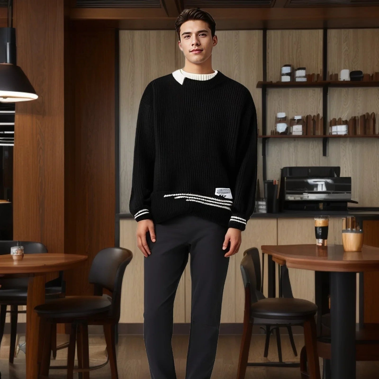 Men Retro Color Collision Twist Sweater Loose Fit Round Neck Knit Jumper Pullover Autumn Winter Casual 4 Colors Knitted Sweaters