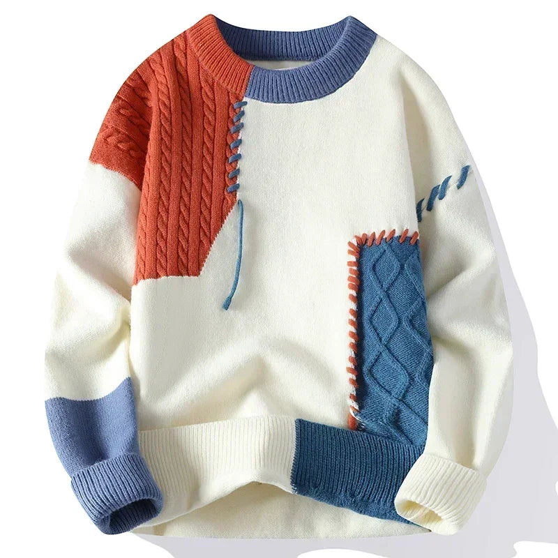Fall Winter Warm Men Sweaters Korean Style Patchwork Pullovers Round Neck Knitted Sweater Men Women Fashion Knitwear