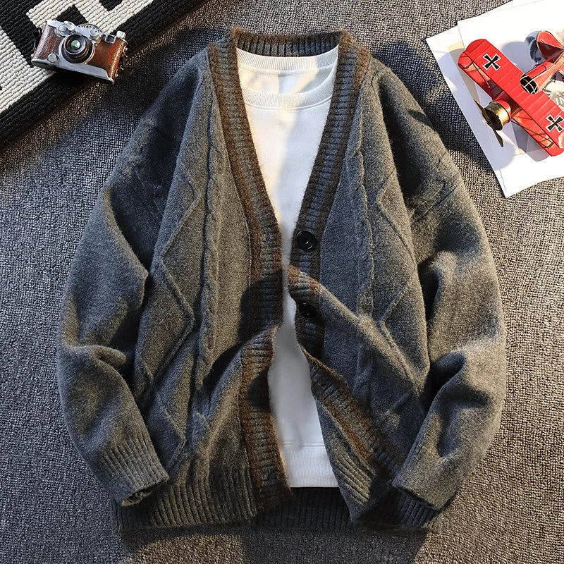 New Fall Men's Knit Cardigan Retro Diamond-Pattern Sweater Jacket Korean Style Comfortable and Versatile Long-Sleeve Knit Top