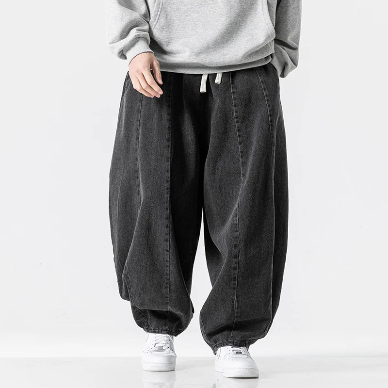 Mens Hip Hop Lantern Pants Baggy Denim Wide Leg Trousers Classic Solid Jean Pants Japanese Style Jeans Oversize Baggy Trousers