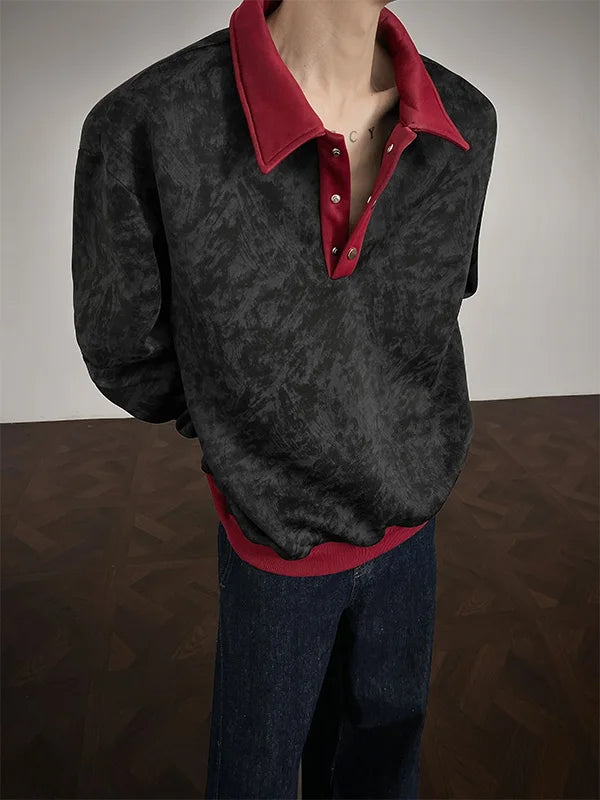 New Men's Casual Long-Sleeve Polo Shirt Color-Block Collar Loose-Fit Versatile Fashion Shirt Velvet Sweatshirt