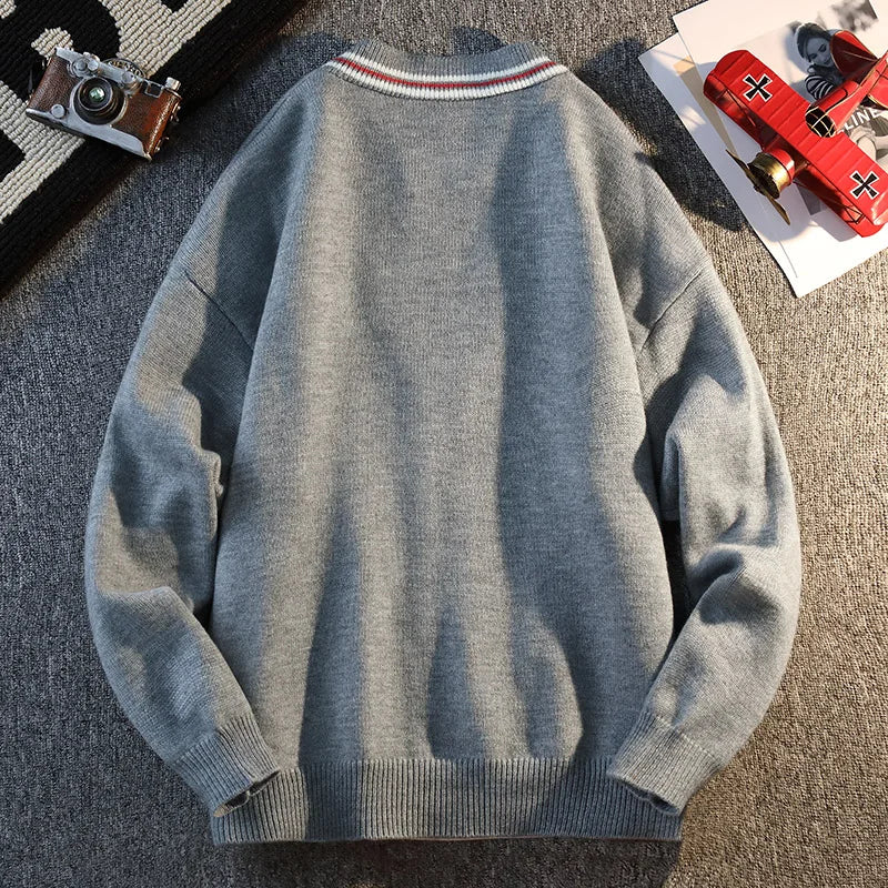 2025 Fall Winter New Collision Striped V-neck Cardigan Jumper Men England Style Long-sleeved Casual Knit Sweater Jacket