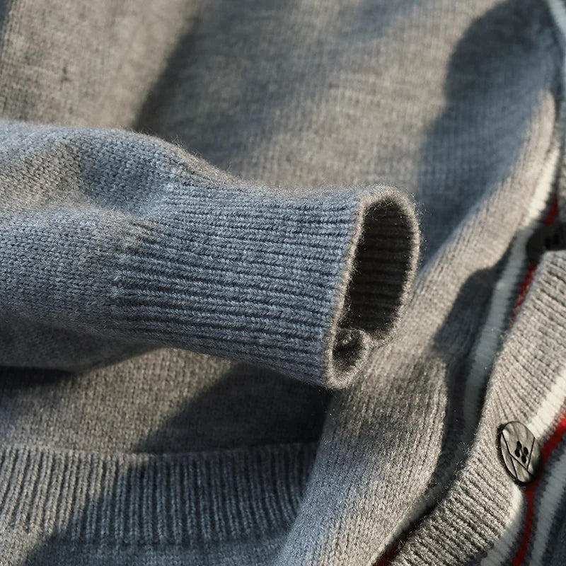 2025 Fall Winter New Collision Striped V-neck Cardigan Jumper Men England Style Long-sleeved Casual Knit Sweater Jacket