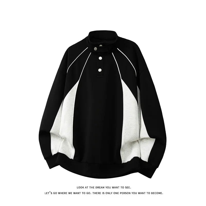 2025 New American Retro Collision POLO Collar Men's Sweatshirts Korean College Style Couples Clothing Autumn Casual Sweatshirt