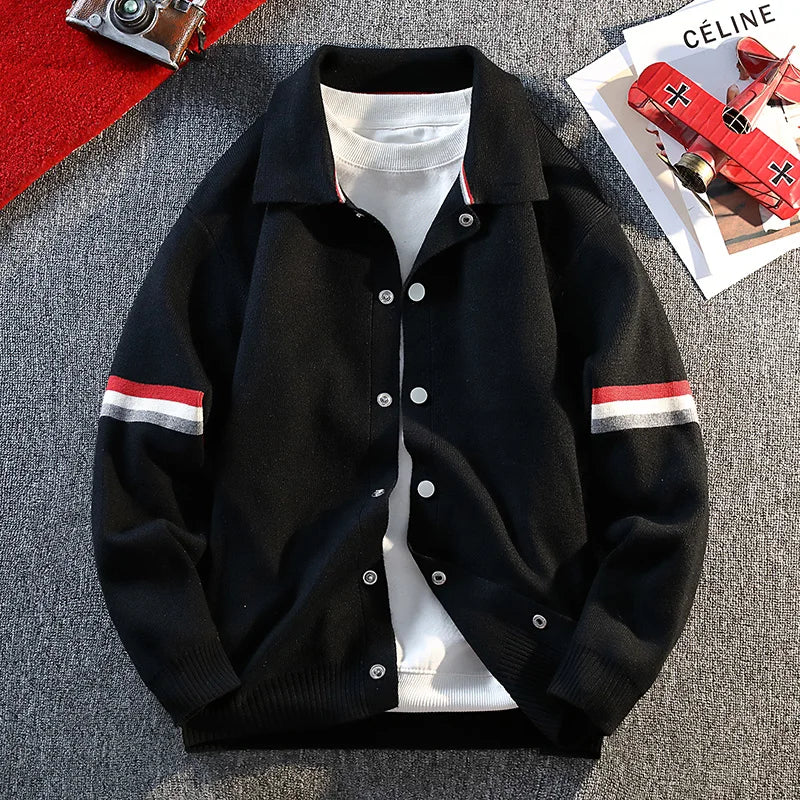 2025 New Men's Color Collision Knitted Cardigan Versatile Stand-up Collar Button Cardigan Couple Knit Sweater Loose Outwear