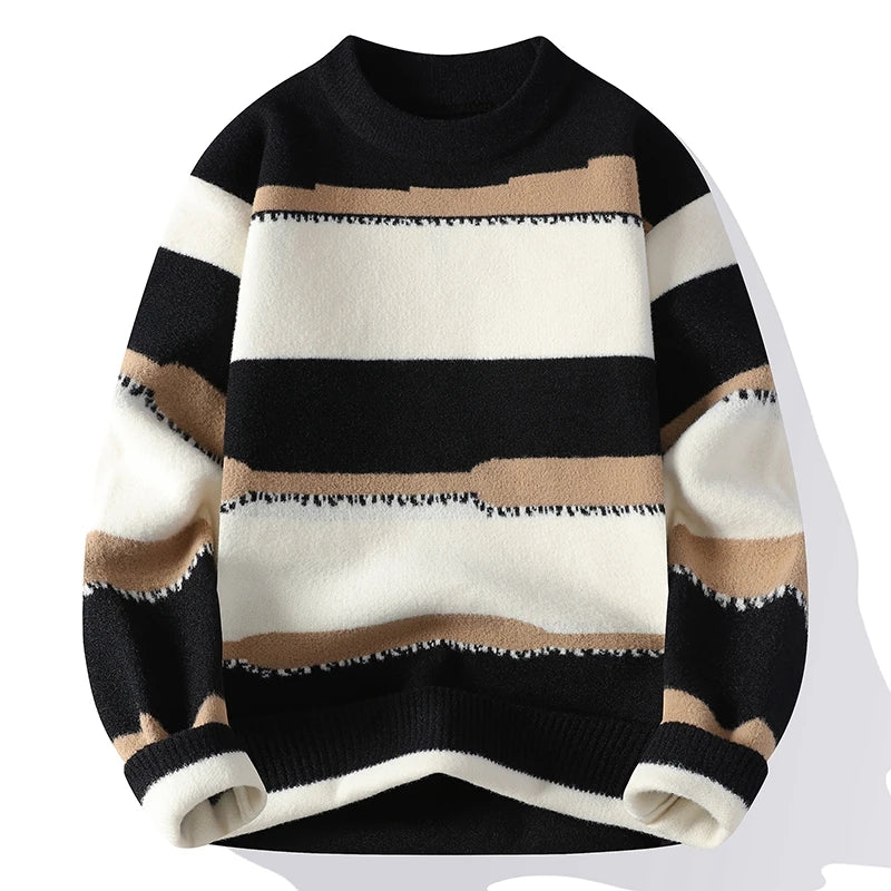 New Clashing Stripes Pullover Knit Sweater Fall Winter Warm Bottom Knit Round Neck Top Casual Unisex Sweater
