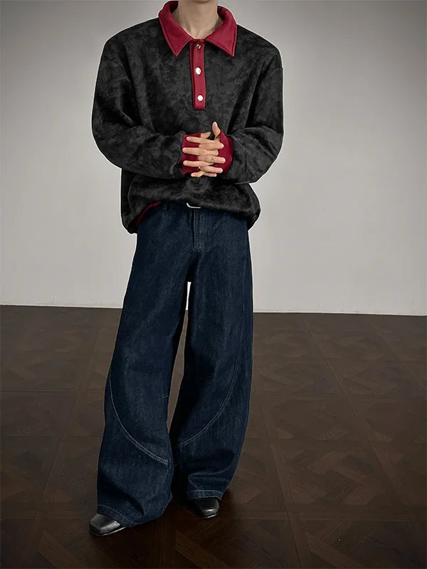 New Men's Casual Long-Sleeve Polo Shirt Color-Block Collar Loose-Fit Versatile Fashion Shirt Velvet Sweatshirt