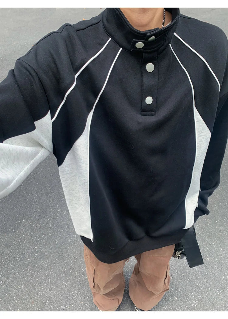 2025 New American Retro Collision POLO Collar Men's Sweatshirts Korean College Style Couples Clothing Autumn Casual Sweatshirt