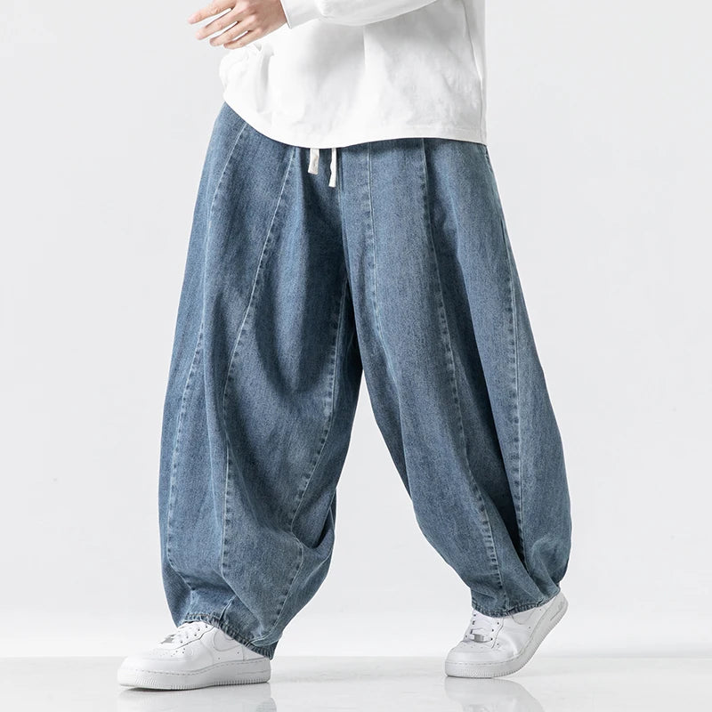 Mens Hip Hop Lantern Pants Baggy Denim Wide Leg Trousers Classic Solid Jean Pants Japanese Style Jeans Oversize Baggy Trousers