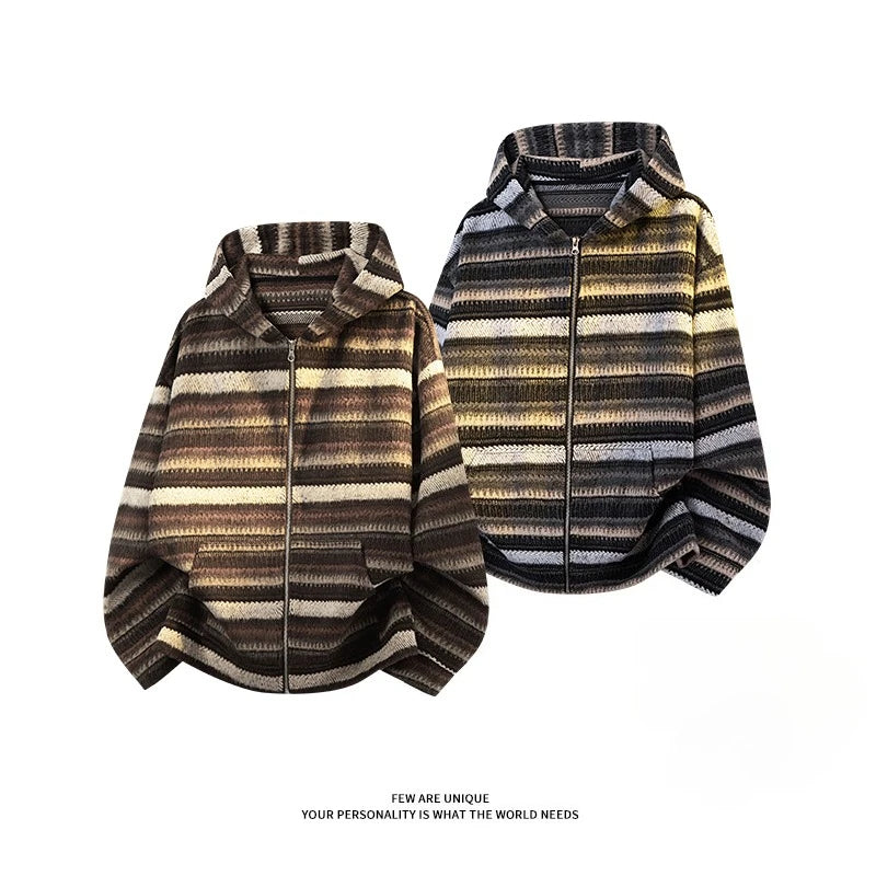 Retro Trend Men's Striped Knit Hooded Cardigan Autumn and Winter Clashing Hooded Jacket Korean Street Couple Hoodie