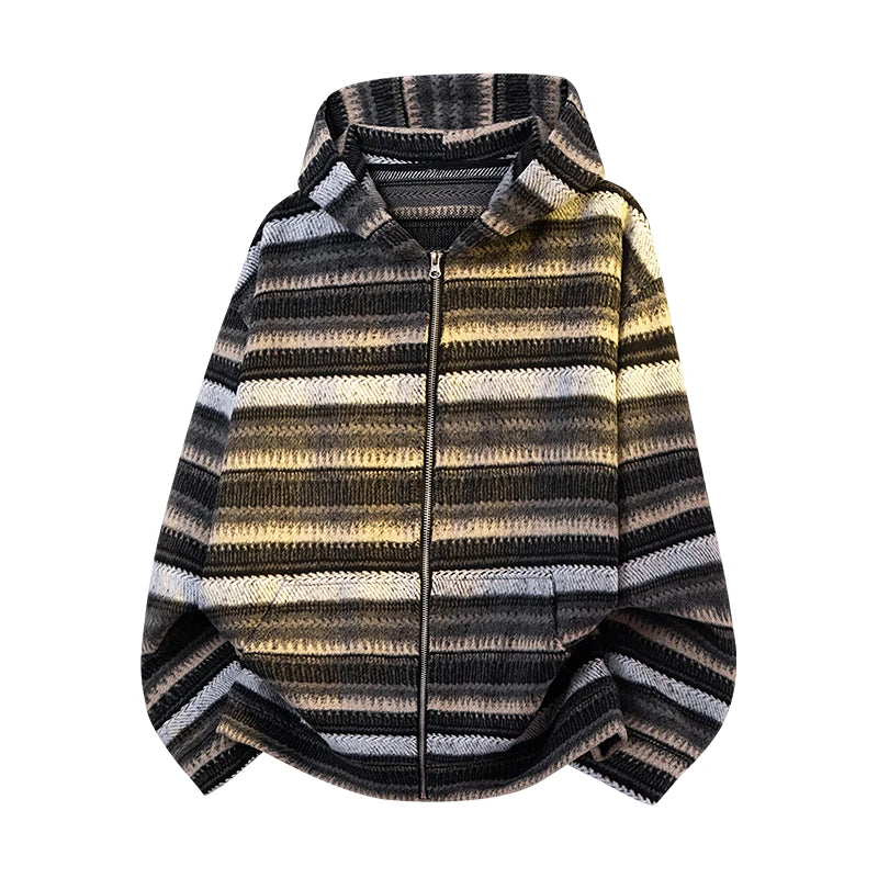 Retro Trend Men's Striped Knit Hooded Cardigan Autumn and Winter Clashing Hooded Jacket Korean Street Couple Hoodie