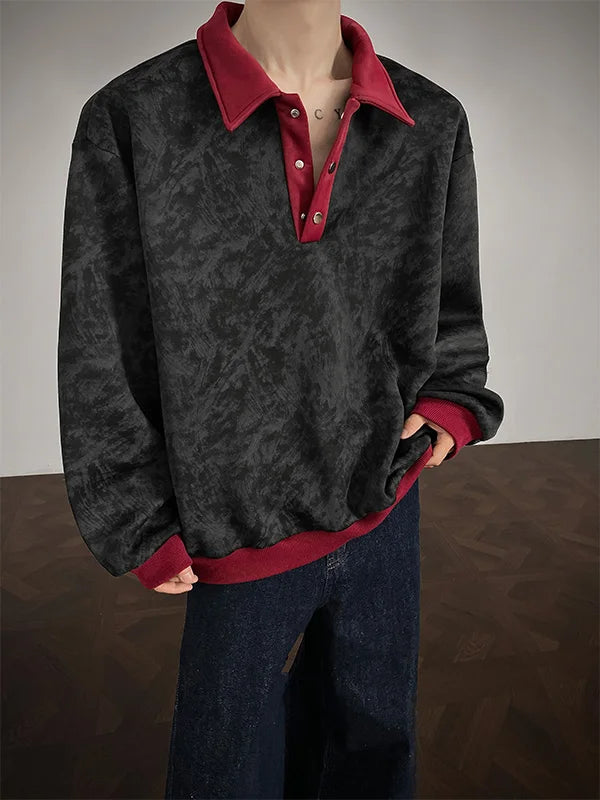 New Men's Casual Long-Sleeve Polo Shirt Color-Block Collar Loose-Fit Versatile Fashion Shirt Velvet Sweatshirt