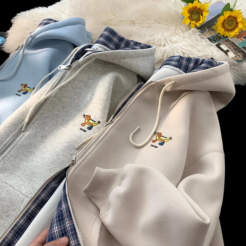 2025 New Cartoon Embroidered Hooded Zipper Jacket Men's Autumn Casual Loose Couples Hoodie Color-block Checkered Hooded Jacket