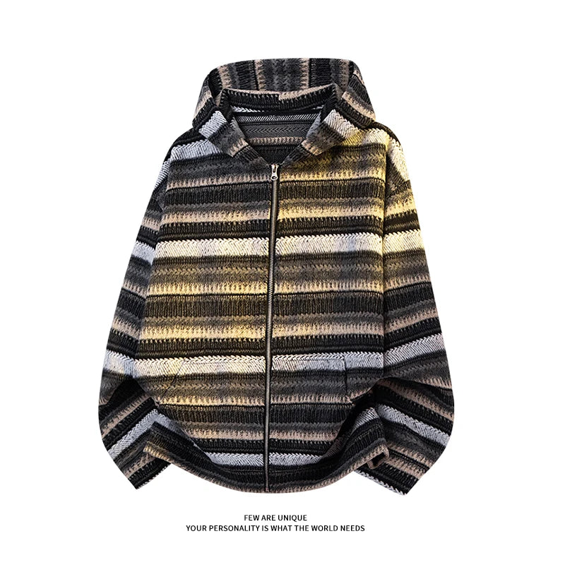 Retro Trend Men's Striped Knit Hooded Cardigan Autumn and Winter Clashing Hooded Jacket Korean Street Couple Hoodie