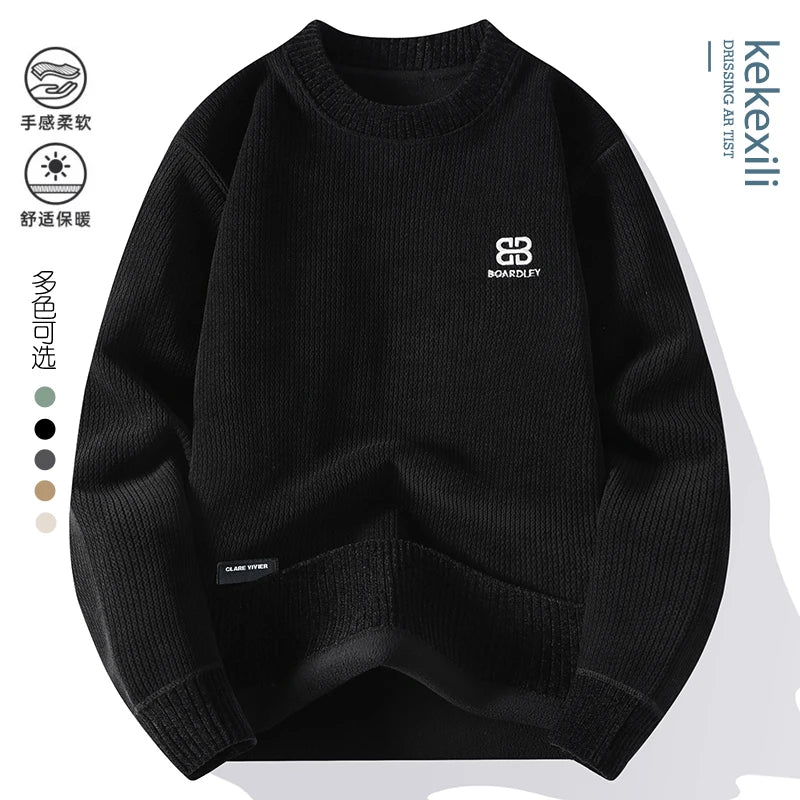 Embroidered Sweater Round Neck Thick Warm Knit Pullover Autumn Winter Plus Velvet Solid Color Casual Sweater.