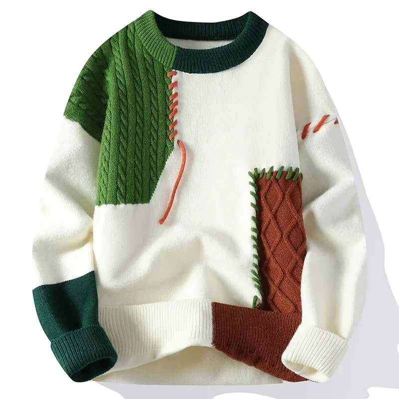 Fall Winter Warm Men Sweaters Korean Style Patchwork Pullovers Round Neck Knitted Sweater Men Women Fashion Knitwear