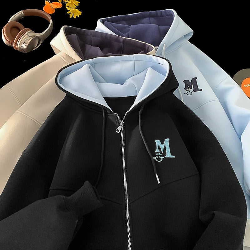 2025 Fall New American Retro Zipper Hooded Sweater Letters Embroidery Splicing Padded Jacket Oversize Street Style Trend Tops