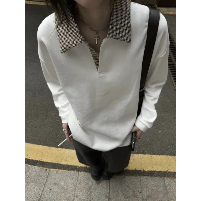 Men's Casual Polo Shirt Long-sleeved Plaid Collar Design Simple Versatile Unisex Sweatshirt Daily Commuting Tide Bottoming Shirt