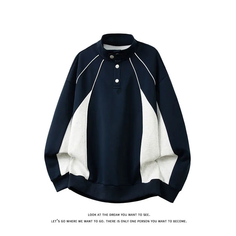 2025 New American Retro Collision POLO Collar Men's Sweatshirts Korean College Style Couples Clothing Autumn Casual Sweatshirt