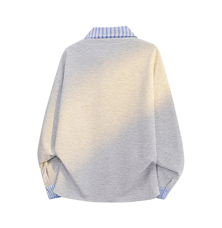 New Versatile Polo Shirt Fake Two Pieces Sweatshirt for Men Streetwear Long Sleeve Sweatshirts Contrast Pullover