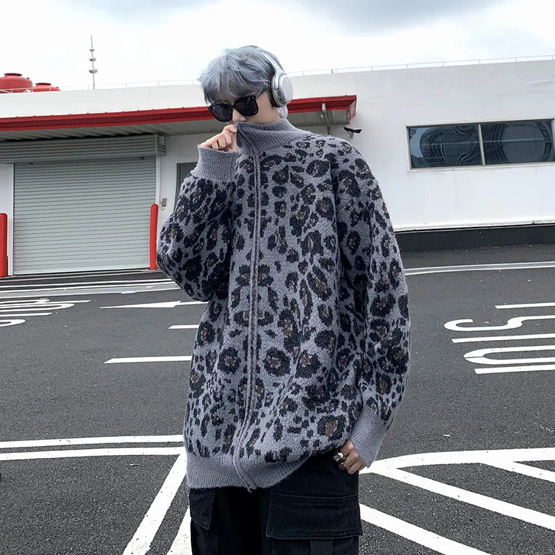 Retro Leopard Knit Cardigan Sweater Men's Jacket Korean Streetwear Popular Zipper Long Sleeve Knitwear Unisex Outwear